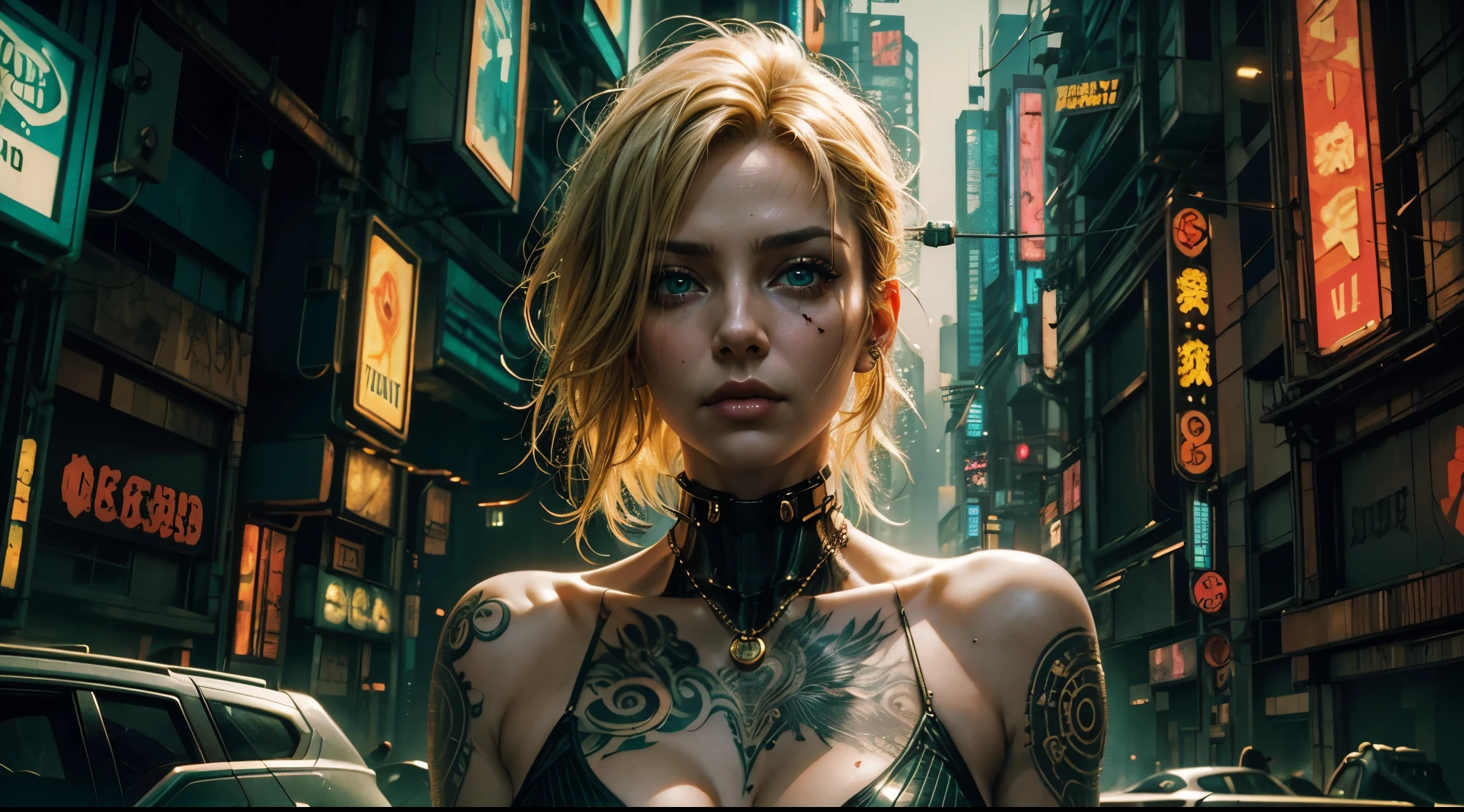Mature woman, beatiful, alone, golden hair, green eyes, piercing, tattoos, seduction pose, complex background, dramatic light, cinematographic, masterpiece, textured skin, detailed, ((cyberpunk)),