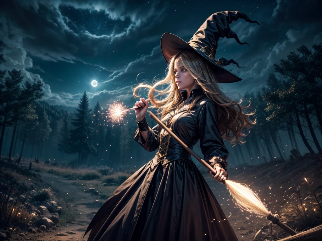 best quality,ultra-detailed,realistic,photorealistic,highres,(HDR,UHD),vivid colors,bokeh,fast-paced,breathtaking, intense, thrilling, magical,fantasy scene,action-packed,Halloween theme,nighttime race,race in the sky,dark clouds,full moon,stars shining brightly,((witches on broomsticks)),fierce competition,wind rushing through hair,fireworks,sparks flying,adrenaline rush,floating above the ground,mesmerizing speed,spellbinding atmosphere,mysterious forest,illuminated by the moonlight,enchanted broomsticks,gleaming under the stars,witch hats flowing in the wind,energetic,heart-pounding excitement,magic spells casting colorful streaks,exhilarating maneuvers,narrowly dodging obstacles,hairpin turns,swooping and soaring,mystical energy radiating,competitive spirit,competitive nature of witches,winner's trophy shining brightly,endless possibilities,unpredictable outcome,fastest broomstick,stunning moments captured,unforgettable experience.