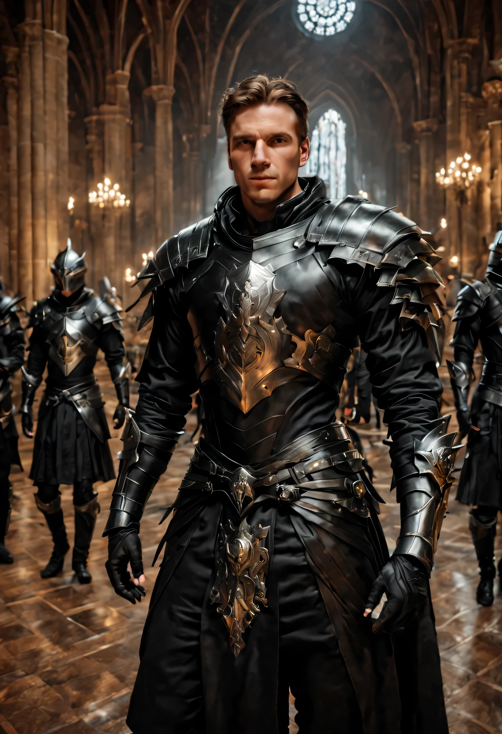 image of men dressed in black RPG warrior outfits with silver shoulder pads, standing in a large royal hall