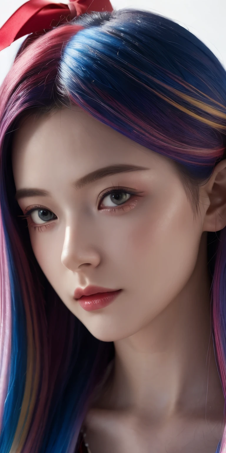 multicolored hair, hair ribbon, Surrealism, cinematic lighting, close-up, UHD, high details, masterpiece