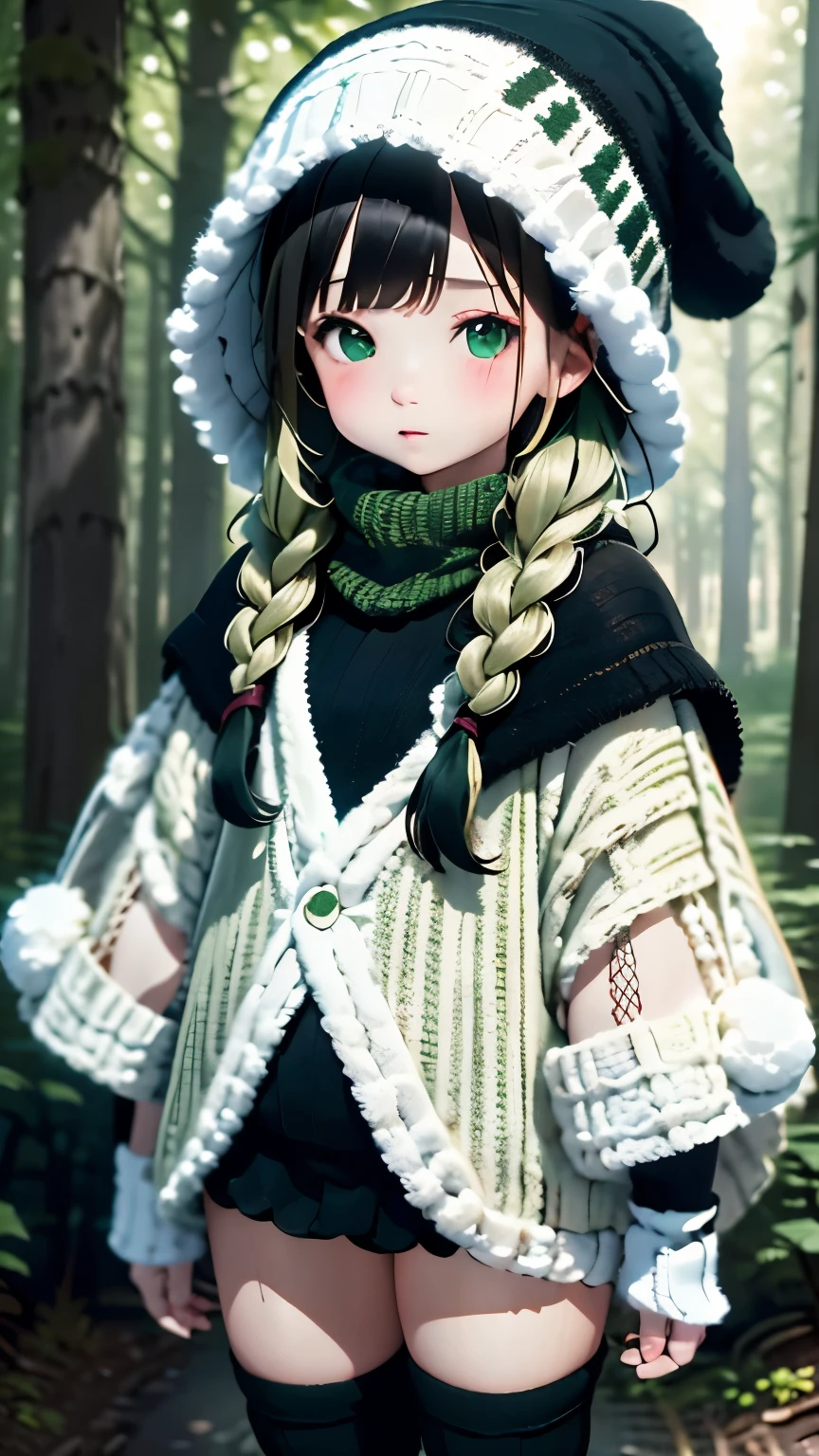 one girl、beige hair、french braid、(white pompom knit hat)、((Dark green poncho:1.2))、(((black knee socks:1.2)))、The background is blurry、blurred background、dark forest、deep-forest、walking、highest quality、ultra high resolution、Super detailed、８ｋ、