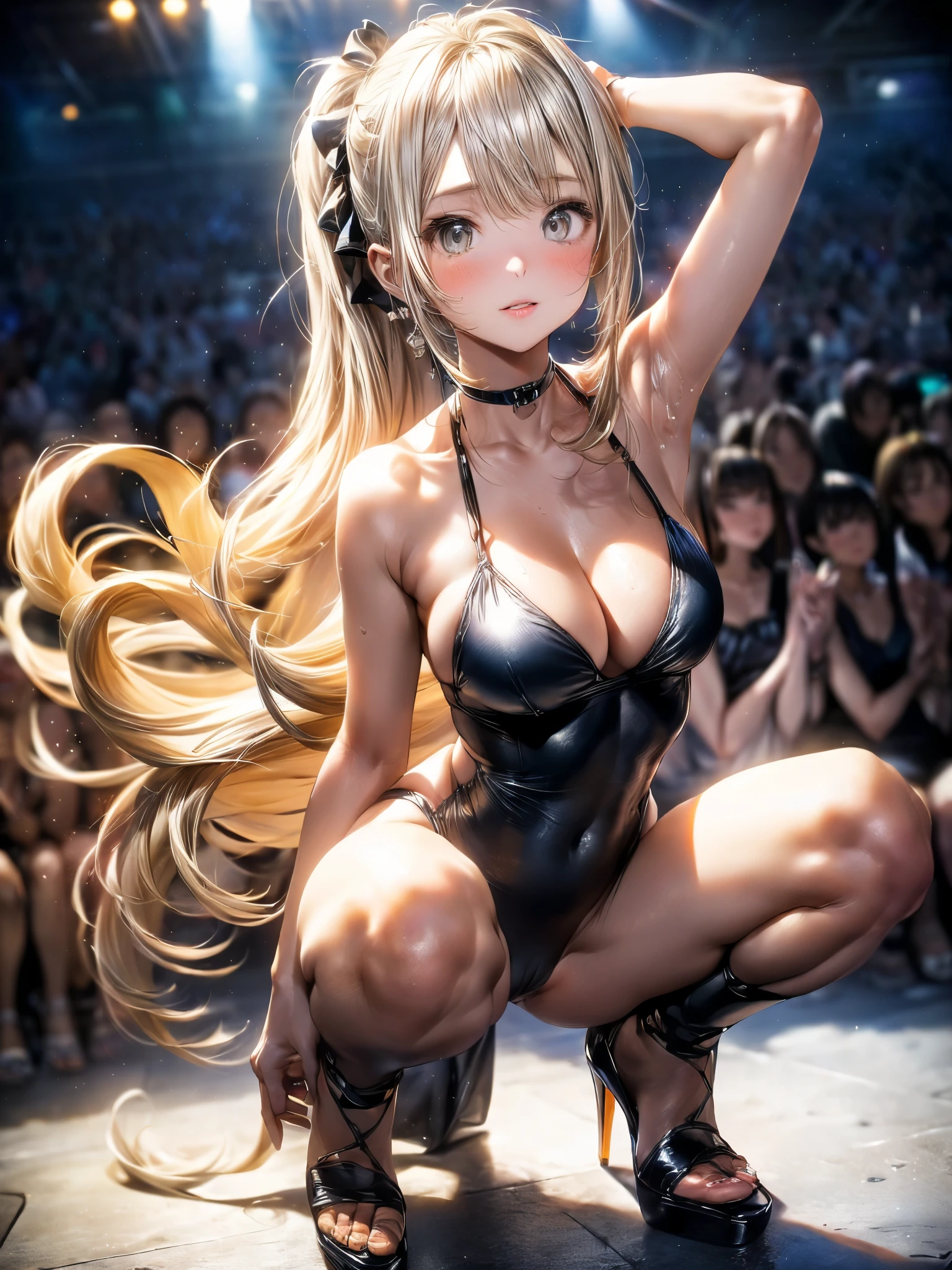 big and full breasts:1.2), (platinum blonde hair:1.5, high ponytail hairstyle), (oily skin:1.5), (Squat down with one knee up、spread your legs:1.5), (raise both arms behind your head:1.5), (high heels:1.5), (tiny slingshot bikini), (high leg swimsuit), sl1ngsh07