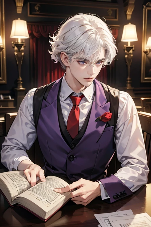 (tmasterpiece, high resolution, ultra - detailed:1.0), (1 boy, Young male), Eyes looking at the camera, Perfect male body, Extremely detailed CG, 8K wallpaper, Complicated details, solo person, Detailed face, color difference, Depth of field, dramatic shadow, Ray tracing, Best quality, Cinematic lighting, dark room lighting, masterpiece, 1guy, white hair, wavy curly hair, beautiful purple eyes, good guy expression, soft eyes, soft smile, kind smile white shirt, red neck tie, black slacks, sitting at a table, reading a book, red necktie, red vest, magic, portrait, atmosphere: magical library,