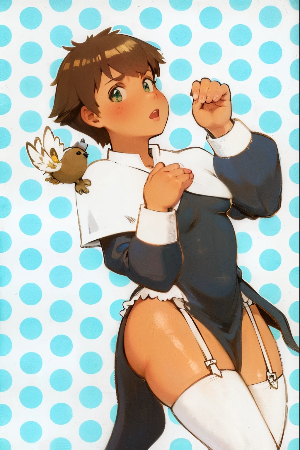 young girl with a bird on her shoulder and a blue polka dot background, nsfw, young nun, maid, brown, brown hair, dark skin, big thighs, flat chest, nipples showing clothes, ager, white socks, bird, little eagle, mascot, pretty hands, messy hair, small breasts