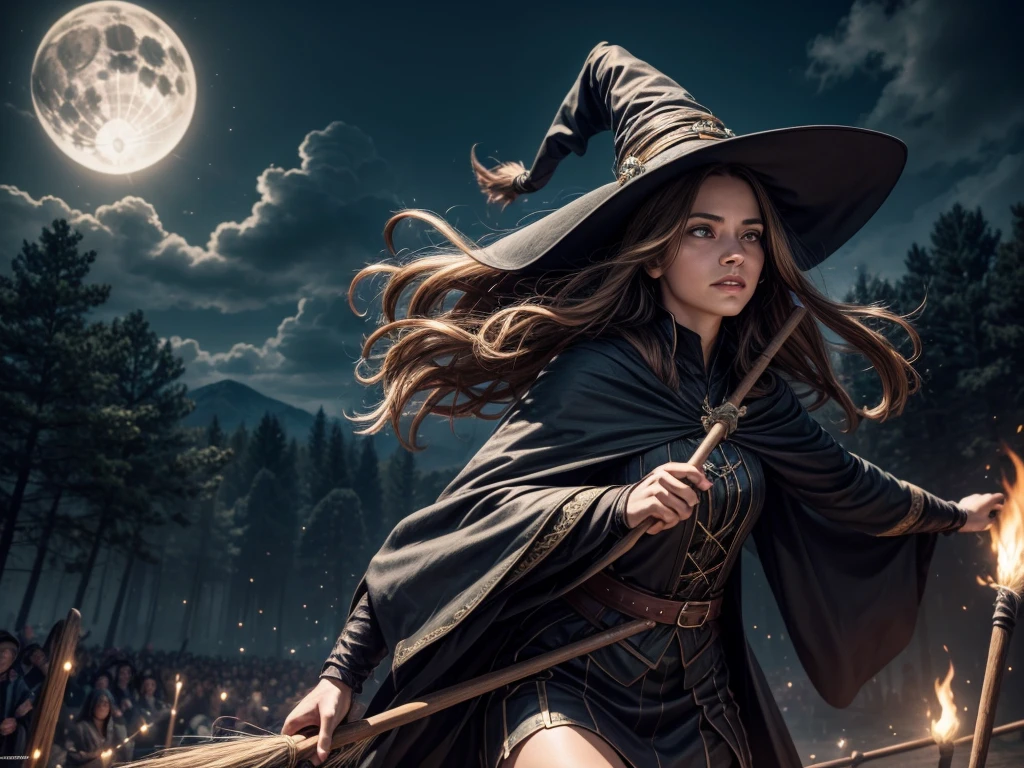 A thrilling flying broomstick race through mystical landscapes, captured in an exquisite oil painting. The scene depicts the intense competition between skilled witches and wizards as they soar through the vibrant skies. With extraordinary attention to detail, the painting showcases the wind-blown hair, gleaming eyes, and determined expressions of the participants. The broomsticks, crafted with the finest materials, are adorned with intricate engravings and glowing magical patterns. The race takes place against a backdrop of majestic mountains, lush forests, and sparkling waterfalls, adding a sense of awe and adventure. The image quality is of the highest caliber, with a resolution of 4K, ensuring every stroke and color is meticulously preserved. The color palette features rich, vivid hues, invoking a sense of enchantment and whimsy. The lighting is ethereal, capturing the warm glow of the setting sun, casting a beautiful golden light upon the scene. The combination of realism and photorealism breathes life into the artwork, making it a true masterpiece.