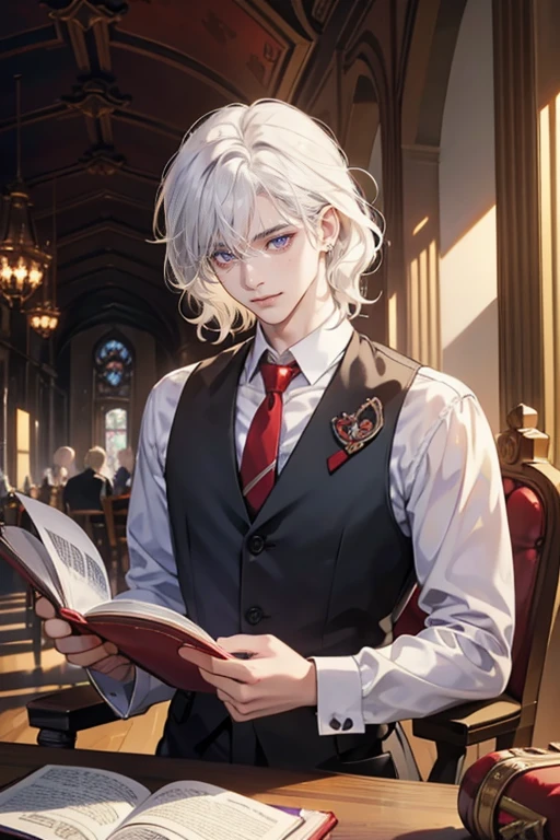 (tmasterpiece, high resolution, ultra - detailed:1.0), (1 boy, Young male), Eyes looking at the camera, Perfect male body, Extremely detailed CG, 8K wallpaper, Complicated details, solo person, Detailed face, color difference, Depth of field, dramatic shadow, Ray tracing, Best quality, Cinematic lighting, dark room lighting, masterpiece, 1guy, white hair, wavy curly hair, beautiful purple eyes, good guy expression, soft eyes, soft smile, kind smile white shirt, red neck tie, black slacks, sitting at a table, reading a book, red necktie, red vest, magic, portrait, atmosphere: magical library,