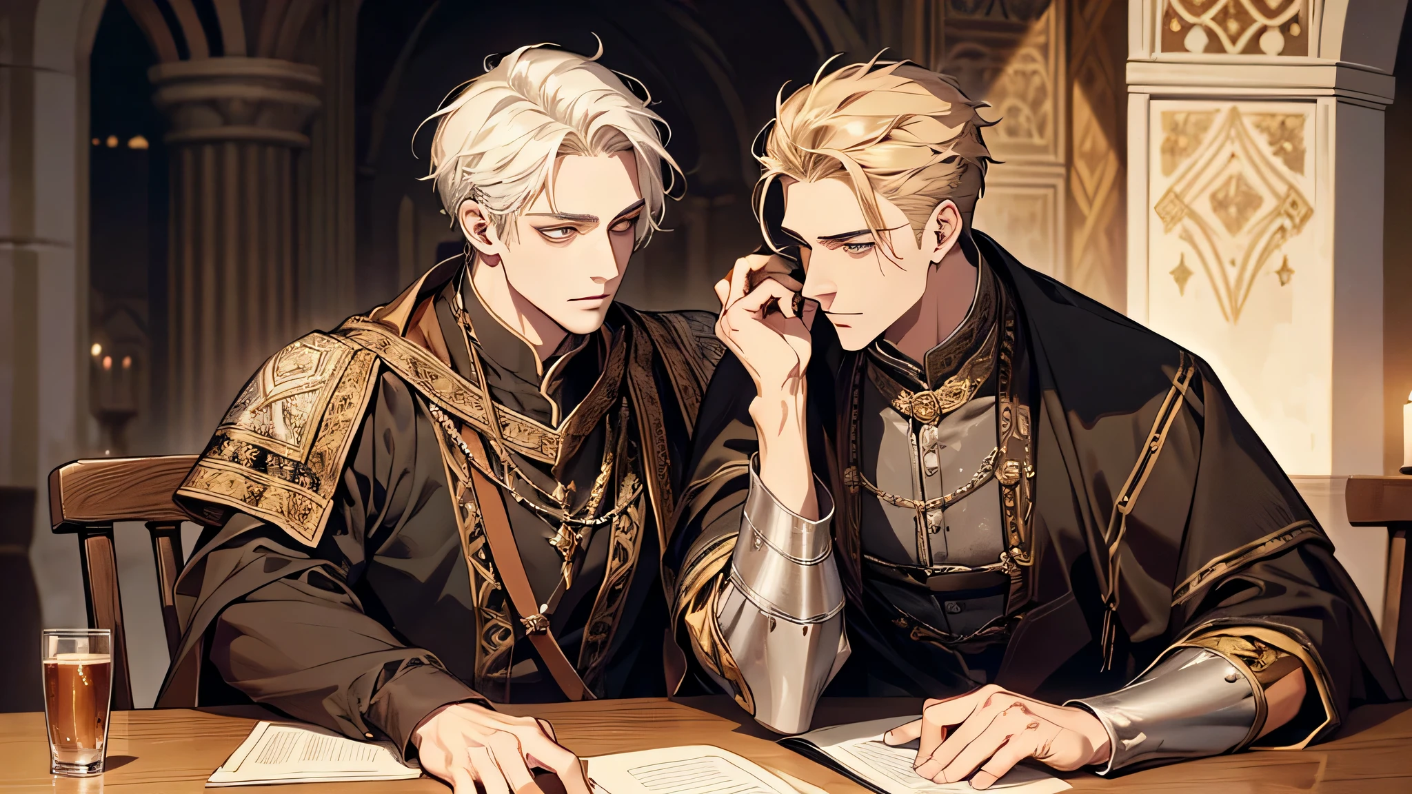 1 handsome young man, 1 old man, sitting and talking, medieval times, detailed face, detailed eyes, detailed nose, detailed costume