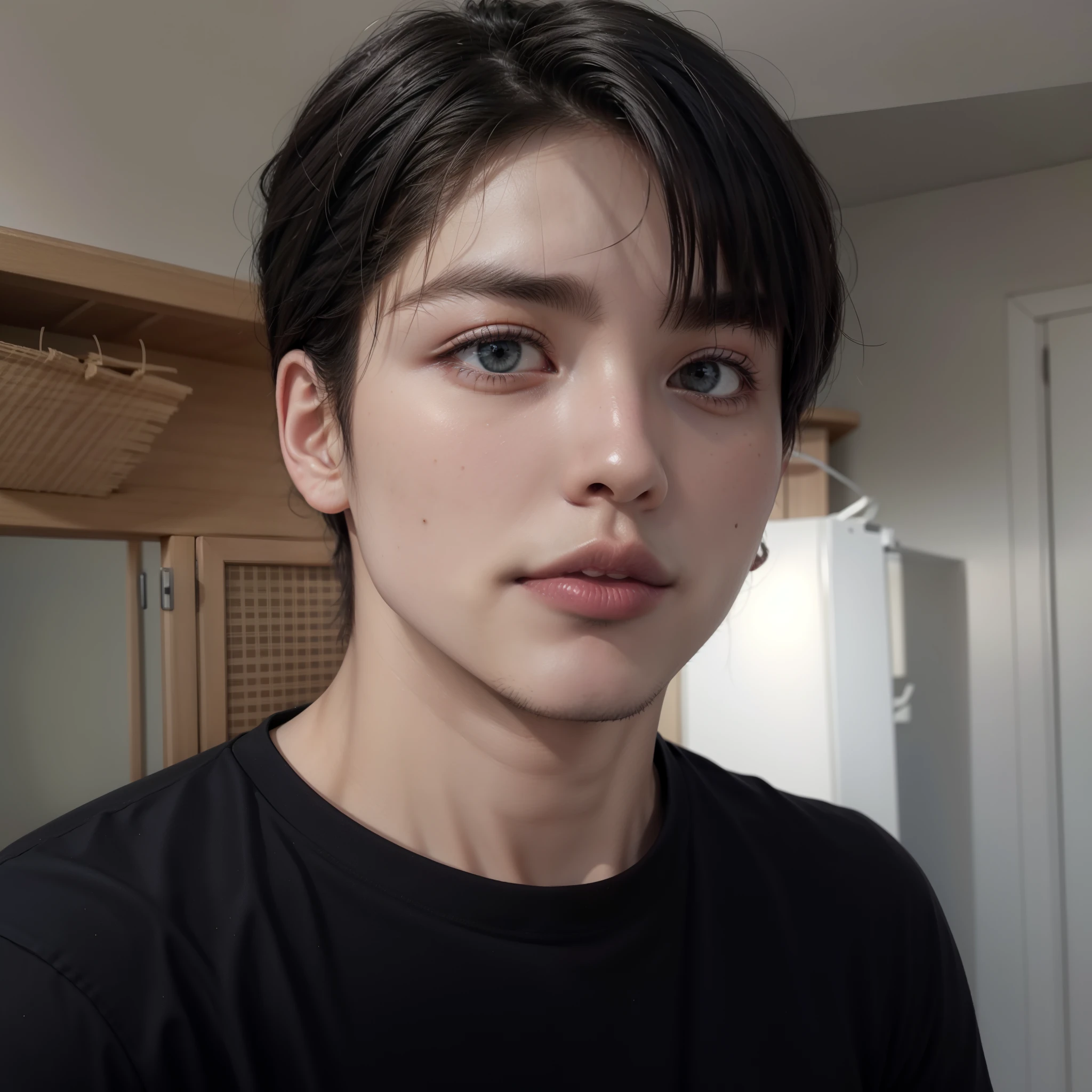 There is a man standing in a room wearing a black shirt., jungkook, Jimin\his right eyelid is swollen, Jimin\los labios carnosos, pale korean adorable face, Jimin\la nariz griega, TaeJune Kim, hyung tae, hombre surcoreano, xqc, yoongi de pelo negro, cai xukun, he wears a black t-shirt