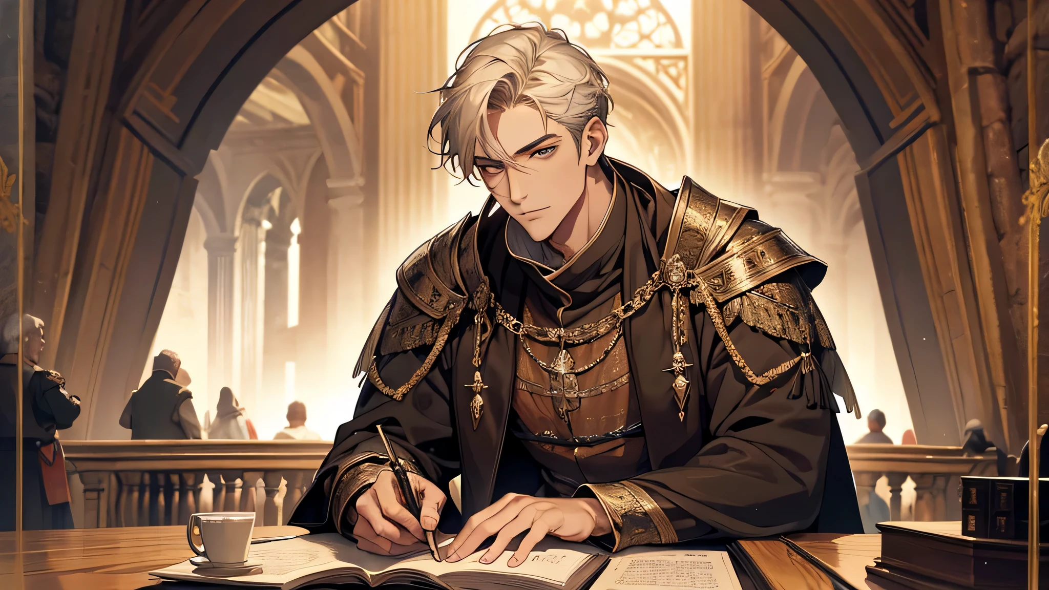 1 handsome young man, 1 old man, sitting and talking, medieval times, detailed face, detailed eyes, detailed nose, detailed costume