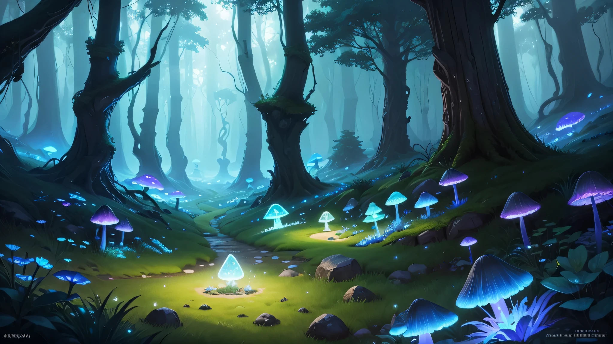 There is a cartoon scene，Fantasy forest with blue-green glowing mushrooms,close shot，Microcosm，luminescent concept art, grass rocks and moss, night cave，cave glow crystal, Concept art magical highlights, Zelda Breath of the Wild，fairy tale，Romantic，background art, stylized game art, Magic Fantasy 2D Concept Art, game concept art, glowing crystals on the ground,