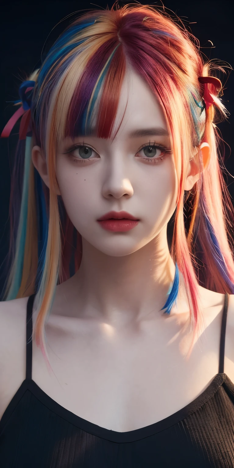 multicolored hair, hair ribbon, Surrealism, cinematic lighting, UHD, high details, masterpiece, spaghetti strap top