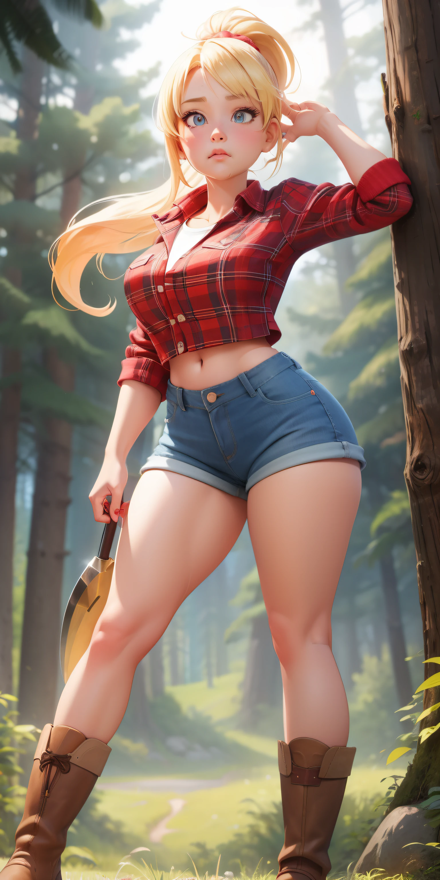  Forest background ,1girl,shaped pupils,holding axe over shoulder blonde hair,blue eyelush:1.1),(speed lines:1.1),medium breasts, ((heavy breathing:1.3)), wearing red plaid top, denim booty shorts, cowgirl boots, hair in a ponytail