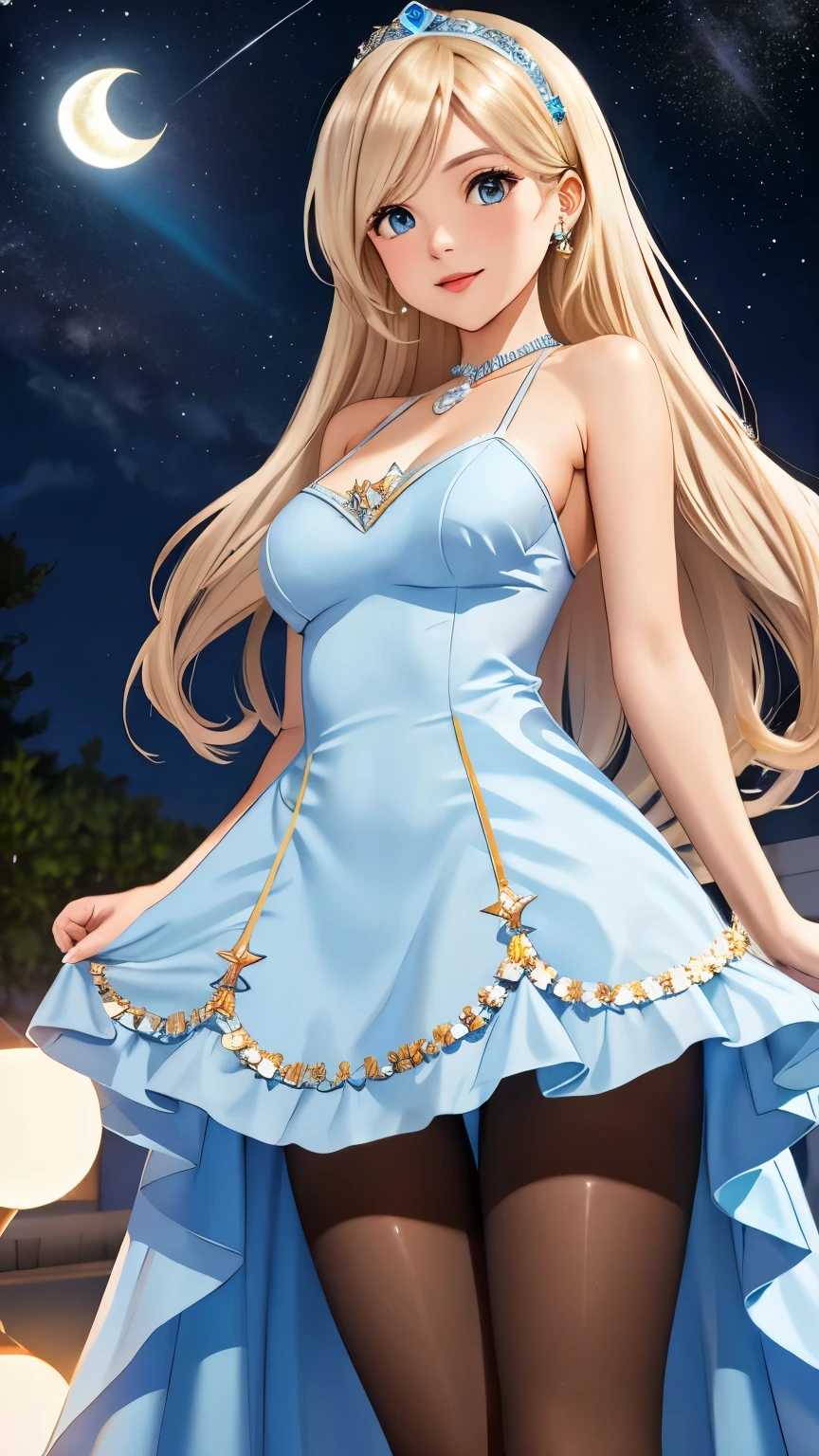 Rosalina, from Super Mario Galaxy, dressed in a (light-blue mini-dress:1.3), wearing (shiny sheer brown pantyhose:1.2), (huge breasts:1.1), low wedge heel booties, long straight platinum-blonde hair covering one eye, small hips, small butt, girly pose, thin, skinny, fit, short, athletic, backdrop of the night sky, masterpiece, 8k, amazing detail, emphasis on her legs and feet,