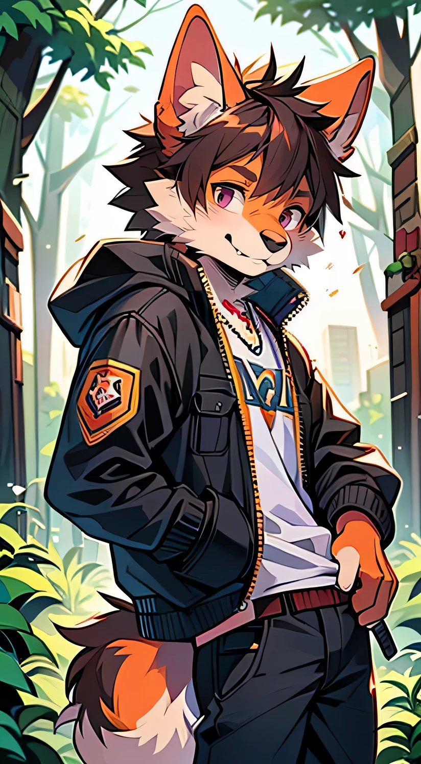 There is a male dog wolf on it, , 18 years old, half dog, Anthropomorphic gangster wolf ,one person,皮jacket,jacket, ( Black-red pupils), (Glitter quality, high detail,Background city wallon hair with smile,Two small ears,skin gold coverage,in the woods,diaper