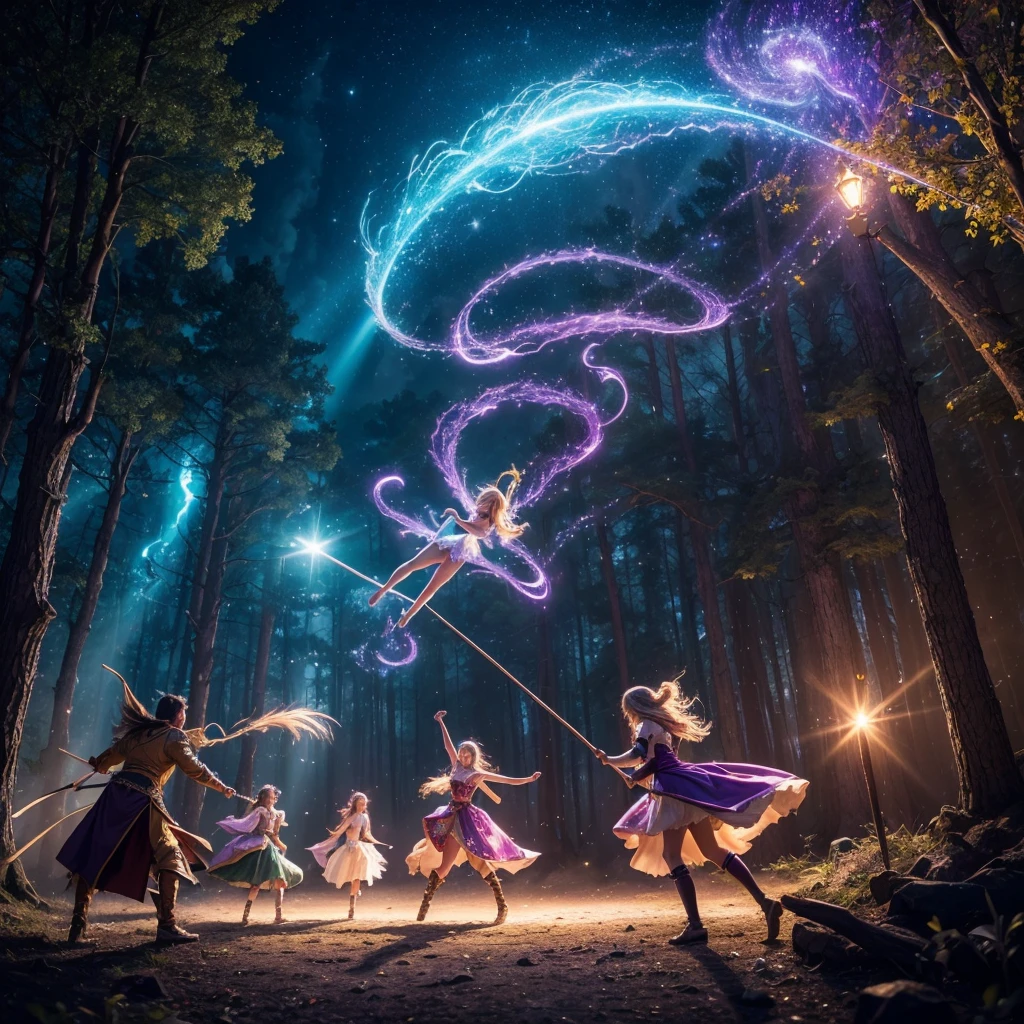 (best quality,4k,8k,highres,masterpiece:1.2),ultra-detailed,(realistic,photorealistic,photo-realistic:1.37),Busy magical flying broomstick race, mystical forest, vibrant autumn colors, dynamic motion trails, stunning sunset sky, enchanting fairies, competitive atmosphere, thrilling speed, intense concentration, skillful broomstick handling, determined participants, exhilarating twists and turns, magical spells and charms, audience cheering and applause, colorful costumes and accessories, adrenaline rush, magical creatures, sparkling fairy dust, magical glow, professional photography, epic adventure, fantasy world, dramatic lighting.