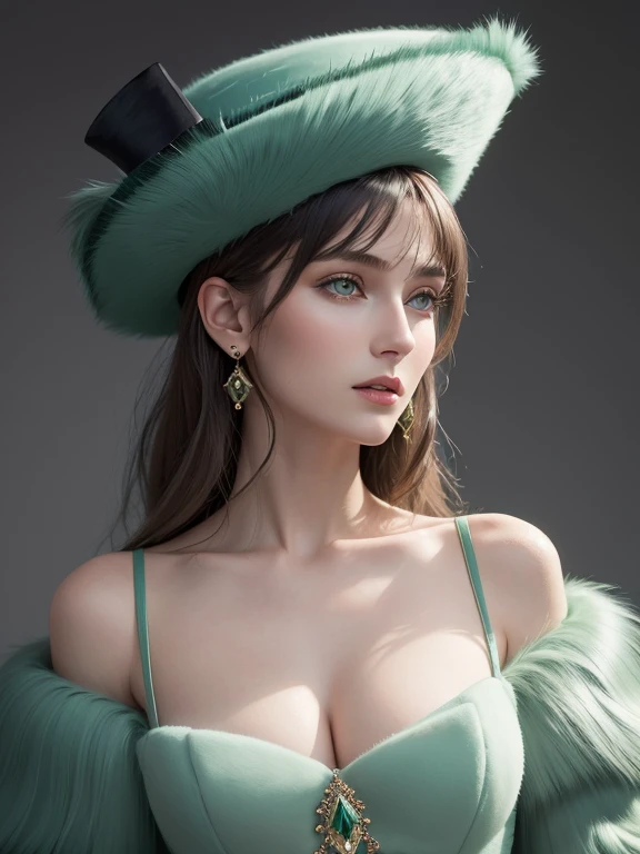 a close up of a woman wearing a Light Green hat and earrings, sleek dark fur, Light Green Fur, Russian style, very beautiful fur, fine fur, Dasha Taran, dark fur, Fur details, top hat, Anastasia Ovchinnikova, Light Green hat, synthetic fur, Elena Belova, wearing a top hat, Julia Gorokhova,Beautiful maturation, ((slim, )), photographrealistic, photograph, masterpiece, realistic, realism, photographrealism, high contrast, photographrealistic digital art trending on Artstation 8k HD high definition be familiar with realistic, be familiar with, skin texture, hyper be familiar with, realistic skin texture, armature, highest quality, 超High resolution, (photographrealistic:1.4),, High resolution, be familiar with, close up shot, sharp focus, (1 girl, european girl, Featured models), realistic skin, (slimな体型), Platinum-colored side sweep shorthair, highly detailed hair, delicate face, glossy lips,