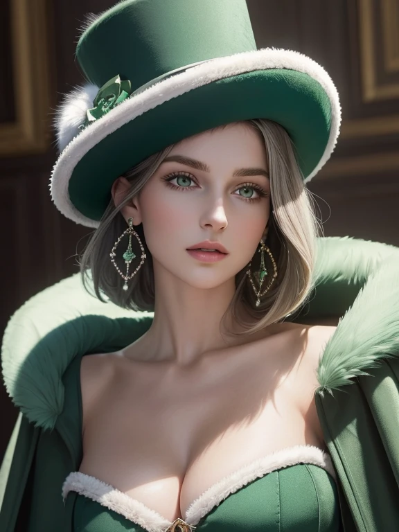 (masterpiece, highest quality, photo realistic, High resolution, photograph, :1.3), close up shot, sharp focus, (1 girl, european girl, Featured models), realistic skin, (slim body shape), Platinum-colored side sweep shorthair, highly detailed hair, delicate face, glossy lips, a close up of a woman wearing a Light Green hat and earrings, sleek dark fur, Light Green Fur, Russian style, very beautiful fur, fine fur, Dasha Taran, dark fur, Fur details, top hat, Anastasia Ovchinnikova, Light Green hat, synthetic fur, Elena Belova, wearing a top hat, Julia Gorokhova,Beautiful maturation,