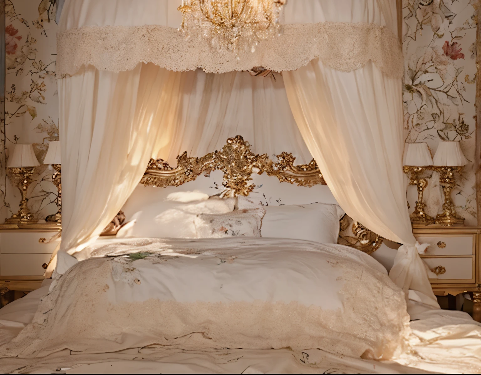 ,highest quality, masterpiece, highest resolution, artwork, super それにget used to it, many get used to it, get used to it, それにget used to it, 3K realistic photos,,Pillow with large frills and ribbons,Detailed pillow,白い贅沢なcanopy bed,canopy bed,Luxury rococo style curtains on both sides of the bed,many white frilly pillows on the bed,super detailed background,Detailed bed,soft white futon,フリルとリボンが沢山付いた薔薇柄のDetailed bedカバー,romantic atmosphere,Palace bedroom,