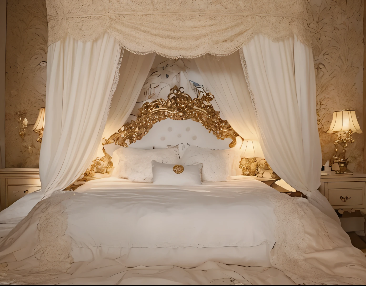 ,highest quality, masterpiece, highest resolution, artwork, super それにget used to it, many get used to it, get used to it, それにget used to it, 3K realistic photos,,Pillow with large frills and ribbons,Detailed pillow,白い贅沢なcanopy bed,canopy bed,Luxury rococo style curtains on both sides of the bed,many white frilly pillows on the bed,super detailed background,Detailed bed,soft white futon,フリルとリボンが沢山付いた薔薇柄のDetailed bedカバー,romantic atmosphere,Palace bedroom,