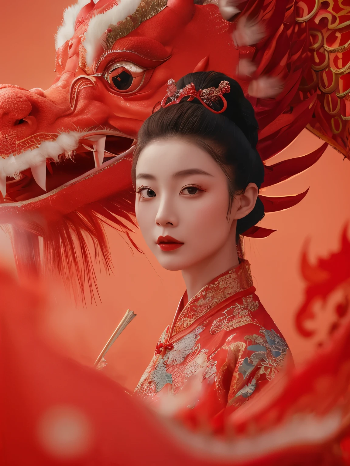 araffed woman in a red dress with a dragon head, the dragon girl portrait, chinese style, wearing a red cheongsam, portrait shot, chinese woman, chinese fantasy, chinese girl, dragon girl, red dragon, with acient chinese clothes, palace ， a girl in hanfu, dragon in the background, chinese princess, a red dragon
