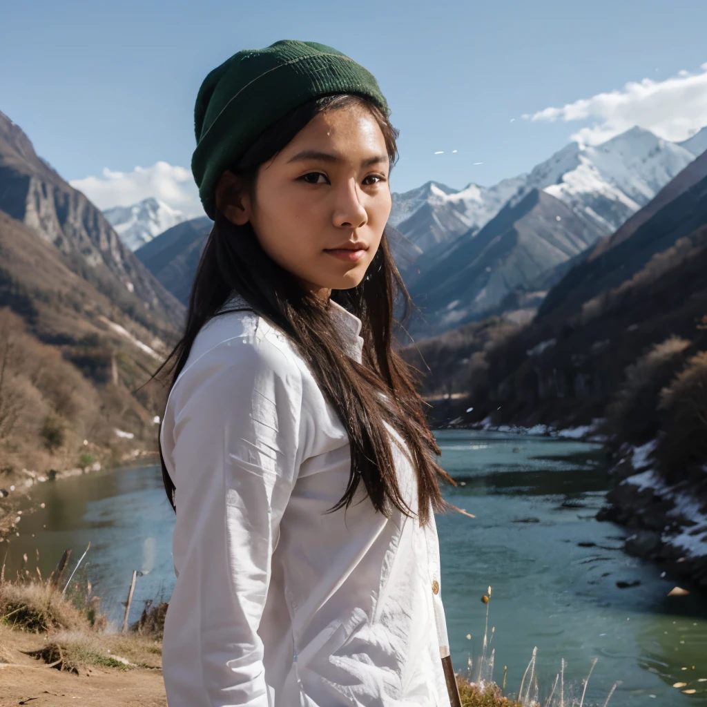 kachin, kia, jinghpaw girl, background Snow cap mountain, background river