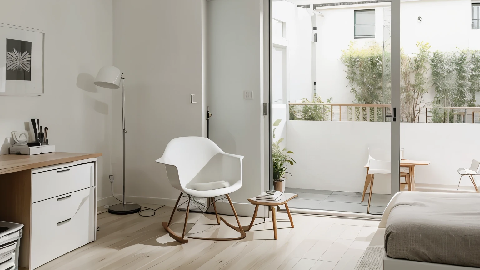simple style home office interior design,With clean lines, โทนwhite, and the area is tidy. The rooms are decorated with stylish but functional furniture and chairs to see the full view., Simple décor, and an overall feeling of tranquility and simplicity.. Use neutral colors or samples., white, black, Or gray may create a calm and modern atmosphere., Emphasize open space and natural light..