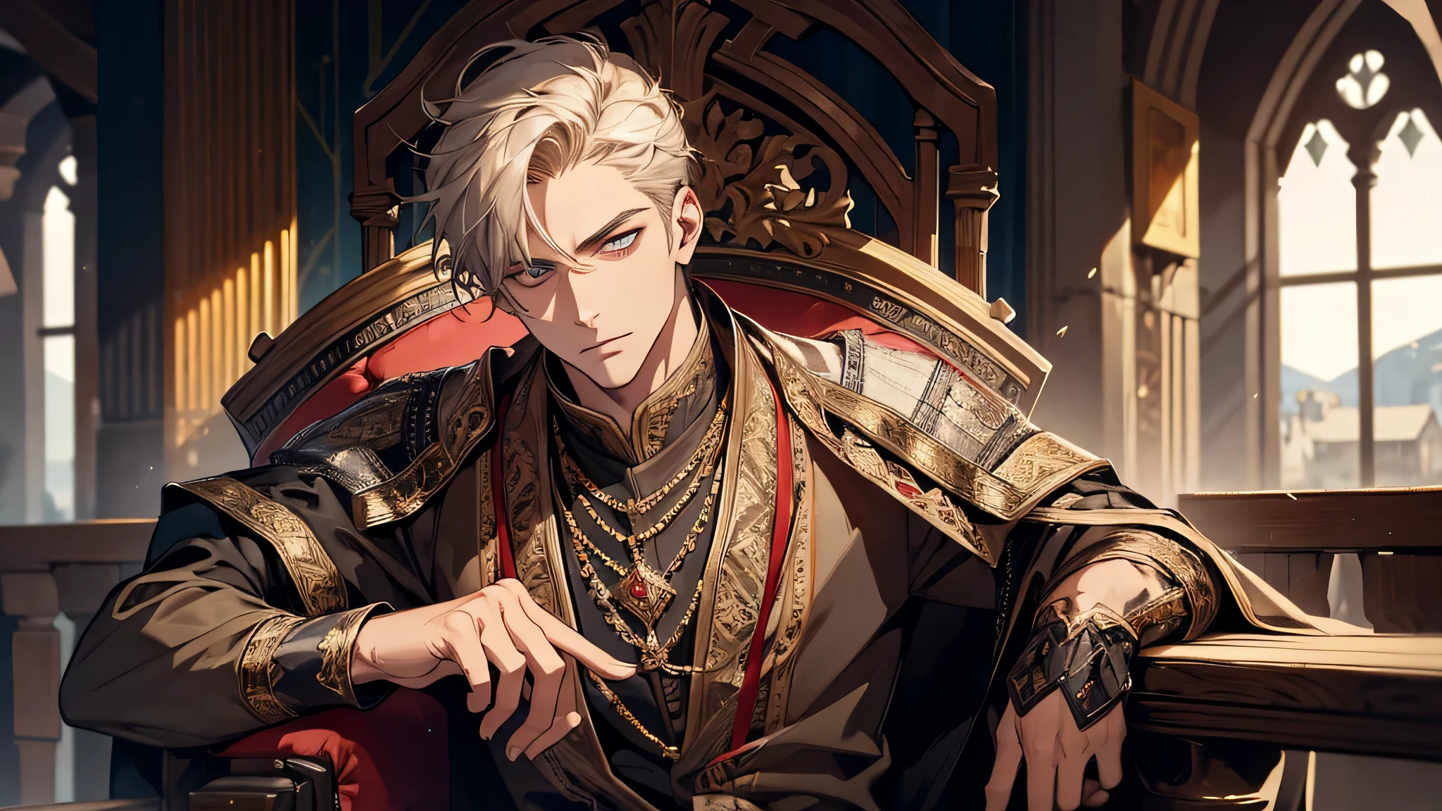 1 handsome young man, 1 50 years old man, serious, sitting and talking, medieval times, detailed face, detailed eyes, detailed nose, detailed costume