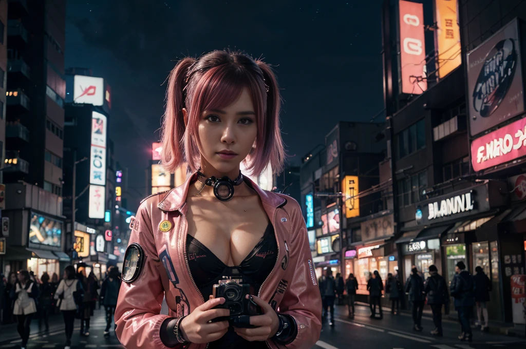 ((Awesome masterpiece anime illustration.)), ((Extremely delicate and beautiful cybernetic girl, pink hair)), ((Very detailed and exposed face)), ((mechanical arms, )), (((connections tube that attaches to the neck: 1.2))), ((mass of wires and cables on the body)), ((wearing a colorful Harajuku technical jacket with logo, pink leather top)), (dynamic pose), ( (futuristic city with neon lights and signs)), (((night sky with smog))), ((masterpiece)), (((Best quality))), ((ultra detailed)), (Photorealistic CG illustration highly detailed), cinematic lighting, Sci-fi, extremely detailed, colorful, in greater detail, (((cyberpunk city background, dark and neon lights shining on the girl (Bladebuster), harajuku district))), (((8k ))). NSFW