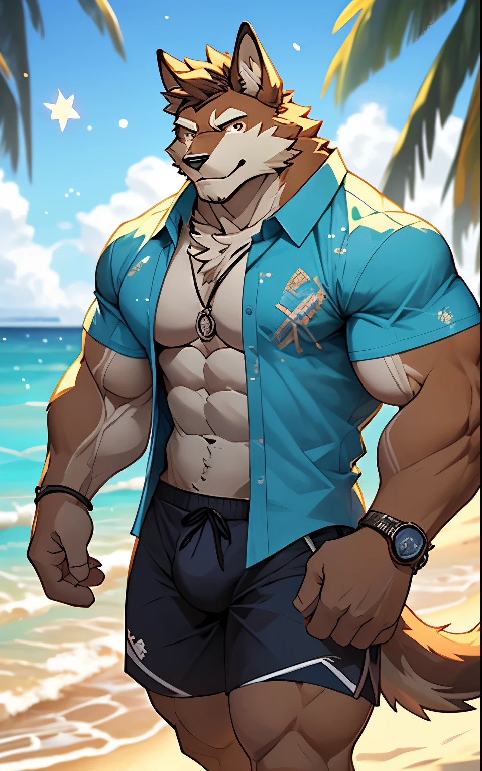 solo, male, Pubrasser, german sherperd, tail,muscles, handsome, hawaiian shirt, shorts, bulge, big abs, cloudy, beach, depth of field, perfect lighting, (light particles),(best quality),(masterpiece),(ultra detailed),sharp focus, light particles, strong, warmness, smile, rippled muscles, ultradetailed face, ultradetailed eyes, looking at viewer, good looking, bareness, ((detailed face)), big pecs, fur,