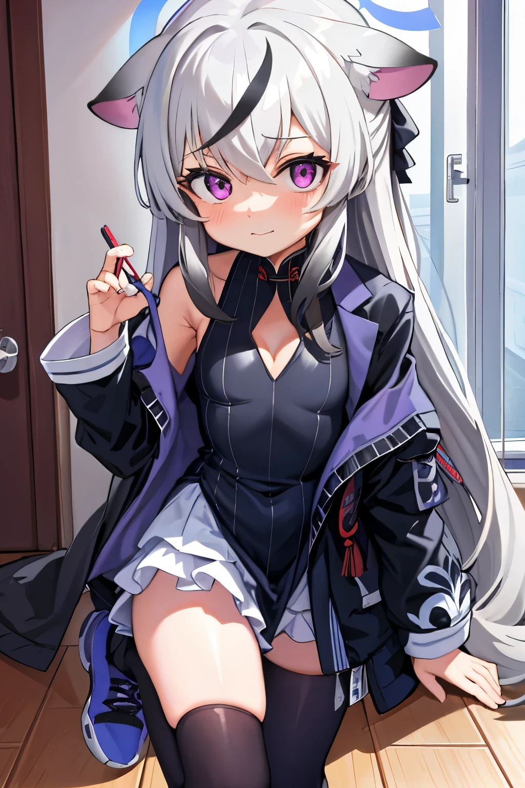 tmasterpiece， best qualtiy， ultra - detailed， 1girll，Gray hair Kokona， inside in room， Purple eye， ：3，the face  closeup cleavage,  Winter suit, winter wonder