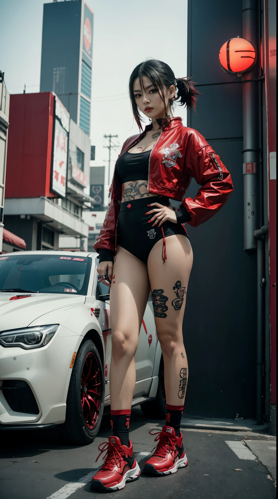 araffe woman in a red outfit standing next to a red truck, saiyan girl, anime girl cosplay, cyberpunk streetwear, wearing cyberpunk streetwear, of taiwanese girl with tattoos, anime thai girl, chinese girl, very beautiful cyberpunk samurai, korean girl, cyberpunk 2 0 y. o model girl, cyberpunk angry gorgeous goddess