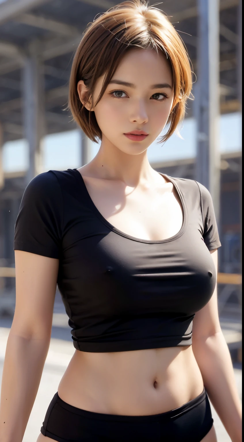 (highest quality ,16K, High resolution, table top:1.2), super detailed, (realistic,realistic, Photoreal:1.37), In underwear, beautiful high school girl, short bob hair, blush, stunning light brown hair, shining hazel eyes, Curvaceous, constricted waist, athletics stadium, Navel exposed, blush, Sweat, bright sunshine, look at the camera,perfect anatomy