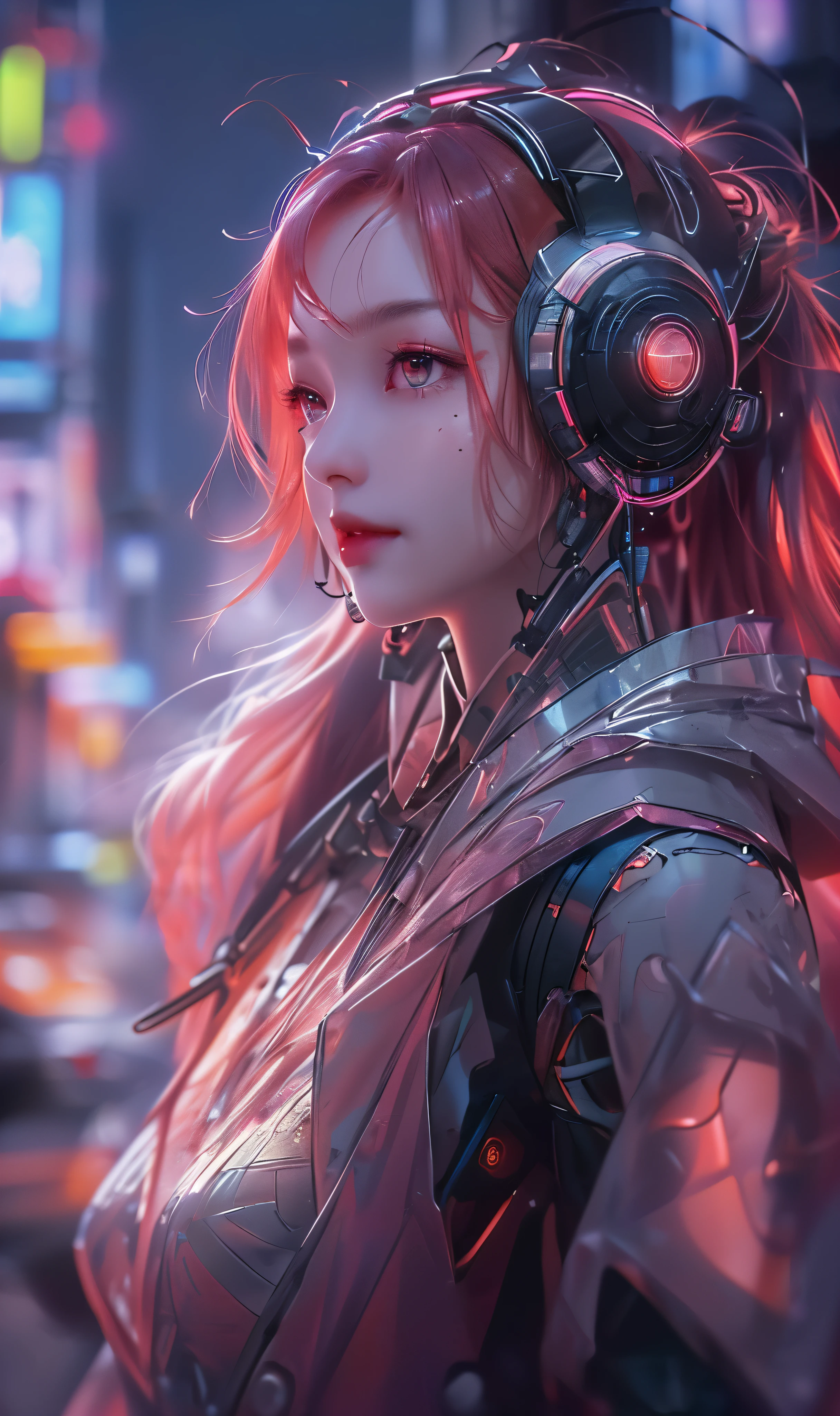 1 girl, Chinese_Clothes, metallic black titanium and pink, cyberhan, China dress, cyber punk city, dynamic pose, detailed luminescent headphones, luminous hair accessories, long hair, glowing earrings, glowing necklace, cyber punk, high tech city, full of mechanical and futuristic elements, futuristic, technology, shining neon, pink, pink light, sexy skirt, translucent black cape, Laser Light, digital background urban sky, big moon, with vehicle, 最high quality, masterpiece, 8K, character edge light, ultra high resolution, high quality, the most beautiful woman of mankind, smile, face is facing forward.、It is symmetrical, earrings, long antenna glow, Beautiful pupils, light effect, visual data, silver-red-orange hair dyed hair, Super detailed facial texture, Happy, weapon system, crowded street passers-by, Mecha style, Overhead light-emitting antenna, Backjet, girl sitting