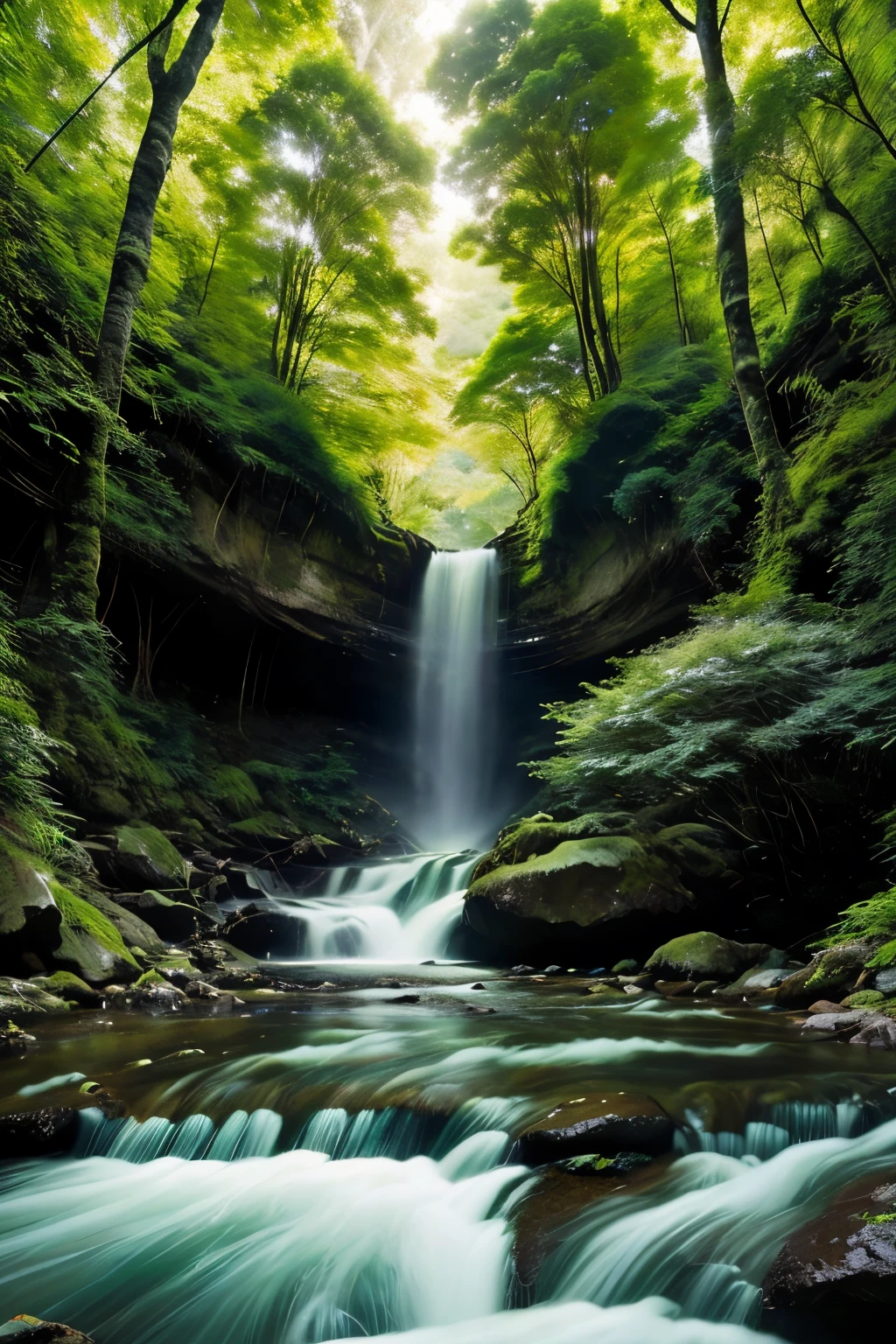 A breathtakingly beautiful green forest, filled with an abundance of vibrant flowers and mesmerizing waterfalls, unfolds before the eyes. The forest is alive with intricate details, from the rich green hues of the towering trees to the delicate petals of the blossoming flowers. The sun casts dappled light through the foliage, creating a serene and tranquil atmosphere. Sharp focus brings every detail into clear view, from the textured bark of the trees to the rushing water of the waterfalls. A sense of realism pervades every detail, bringing the forest to life in ultrarealistic detail.
High resolution captures the forest in its full splendor
