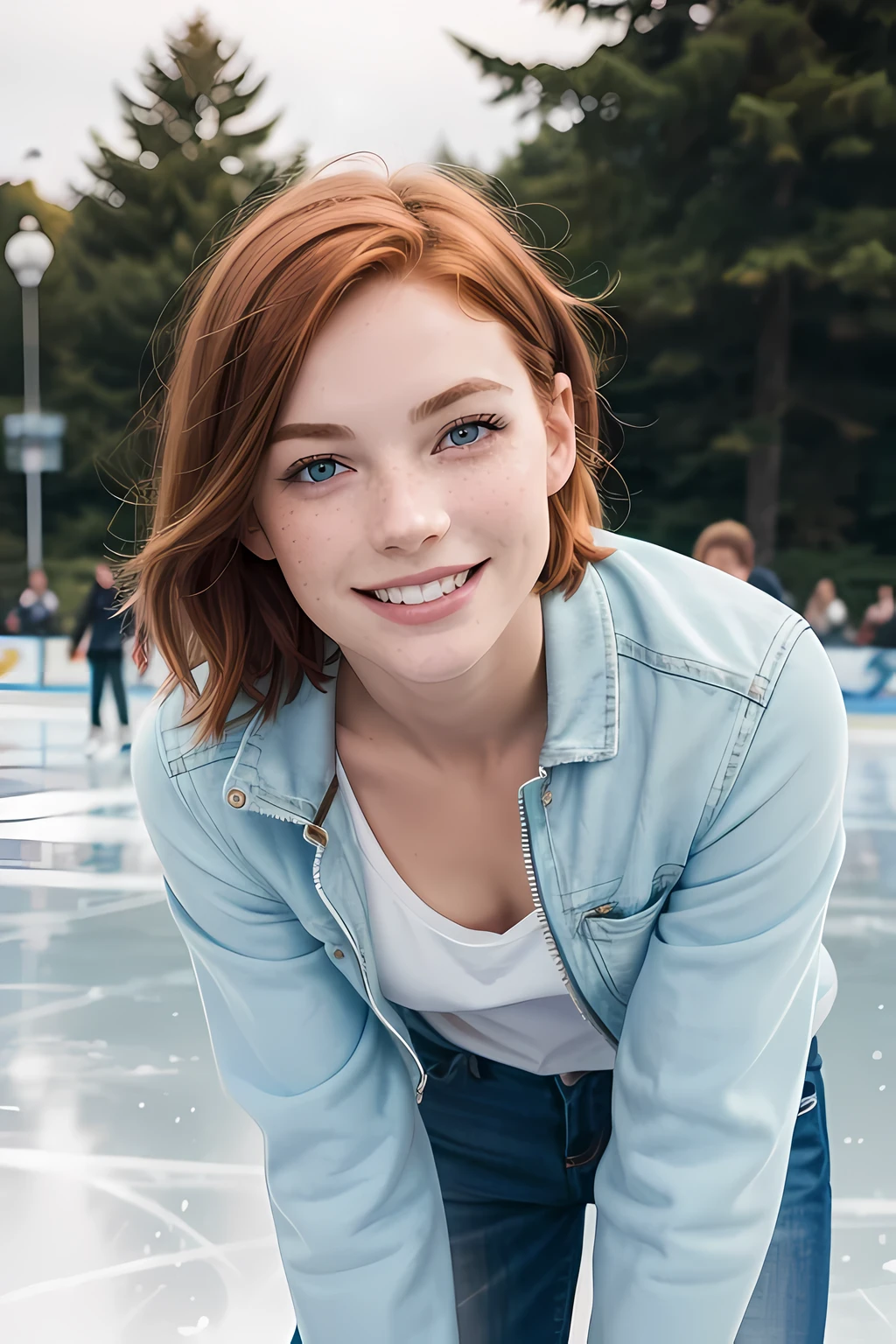 feminine figure, redhead, freckles, best quality, realistic skin texture, photography, detailed facial features, film grain texture and high contrast, extremely high-resolution details, photographic, photorealistic, hyper-realistic, HDR, masterpiece, short hair, blue eyes, highly detailed eyes, eyes aligned, skating park background, ice skating, people ice skating, close-up, a light jacket, jeans, smiling happily, having fun, out of balance, upper body portrait