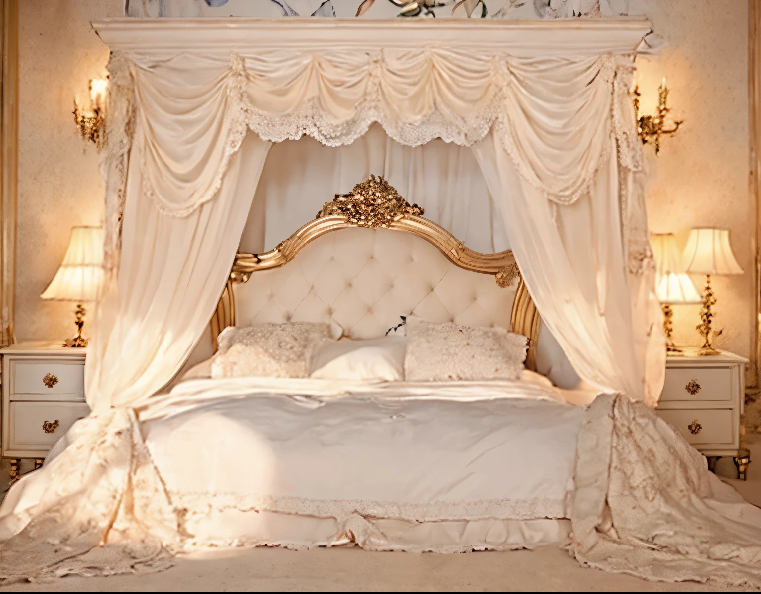 ,highest quality, masterpiece, highest resolution, artwork, super それにget used to it, many get used to it, get used to it, それにget used to it, 3K realistic photos,,Pillow with large frills and ribbons,Detailed pillow,白い贅沢なcanopy bed,canopy bed,Luxury rococo style curtains on both sides of the bed,many white frilly pillows on the bed,super detailed background,Detailed bed,soft white futon,フリルとリボンが沢山付いた薔薇柄のDetailed bedカバー,romantic atmosphere,Palace bedroom,