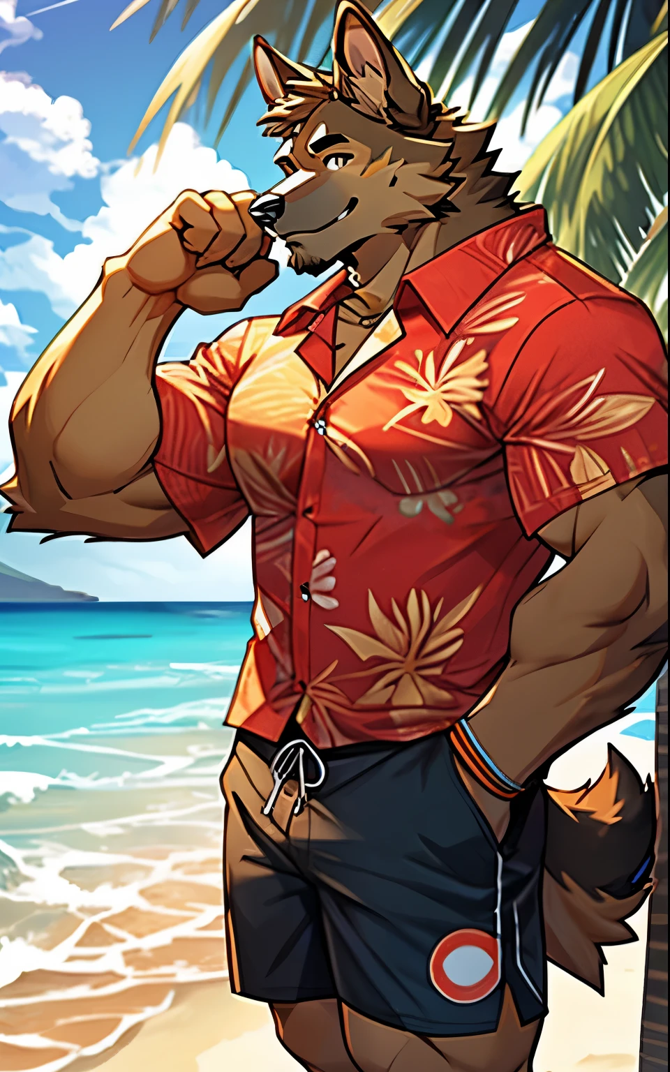 Pubraseer, Furry German shepherd dog, Muscular body, perfect eyes, handsome, good looking, Casual set, Smiling, cool pose, Beach Background, hawaiian shirt, shorts, sunny