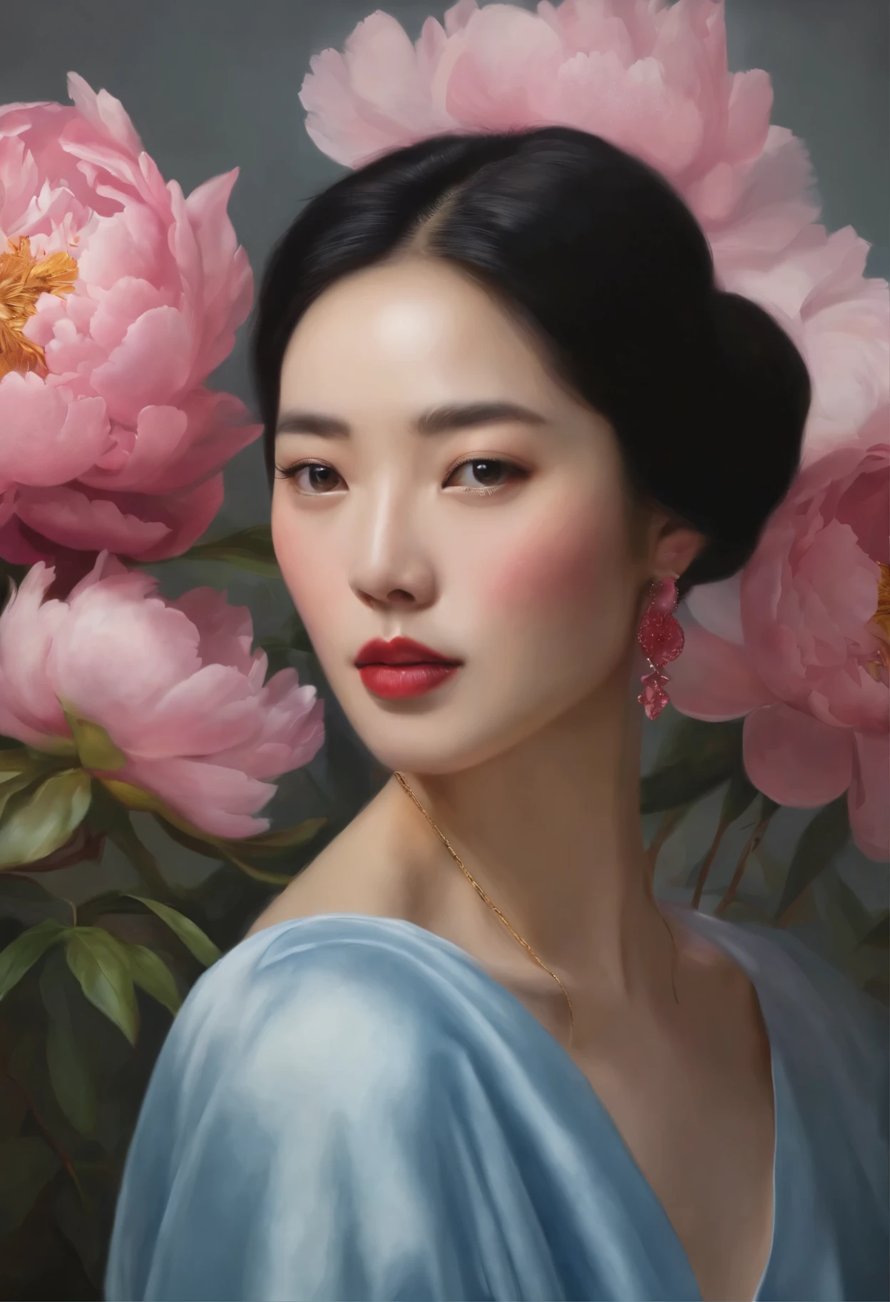 ultrarealism oil painting,(peony flower),Young Chinese woman,light blue and pink,peony flower背景,Artist Bruce Cheng's style,shiny hair,denim lenses,Art Deco,realism,flowering,Award-winning,retina