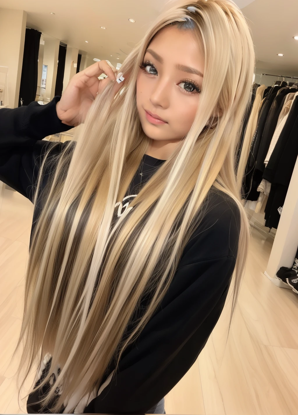 masterpiece,highest quality,taller than, Asian,(brown race),black skin,blonde hair,1 girl,ticker