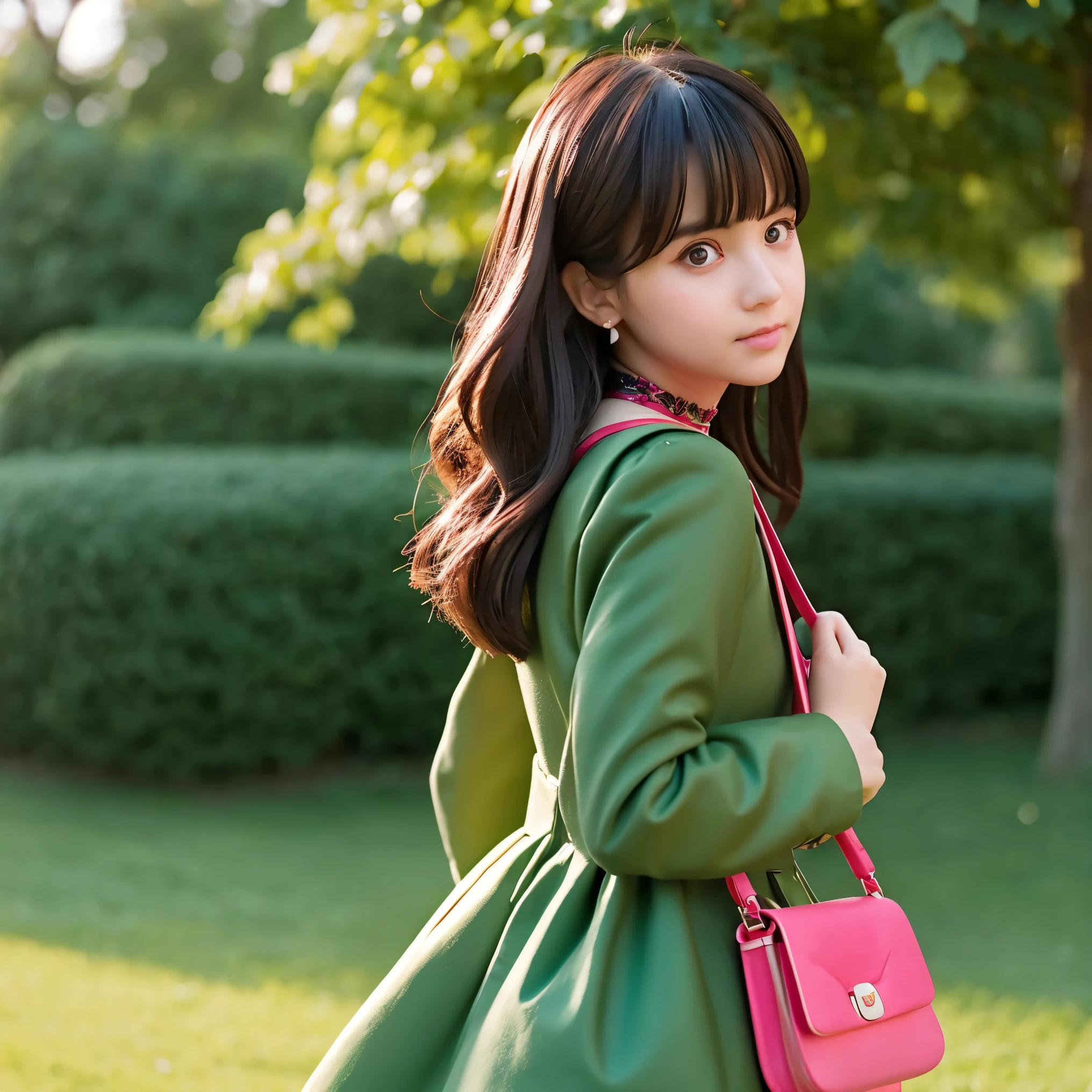 beautiful, masterpiece, best quality, extremely detailed face, perfect lighting, 1girl, solo, sketch, marnie (pokemon), green eyes, asymmetrical bangs, backpack, bag, black choker, black jacket, blurry, blurry background, choker, closed mouth, dress, from behind, indoors, jacket, long sleeves, looking at viewer, looking back, off shoulder, pink dress, red bag, solo