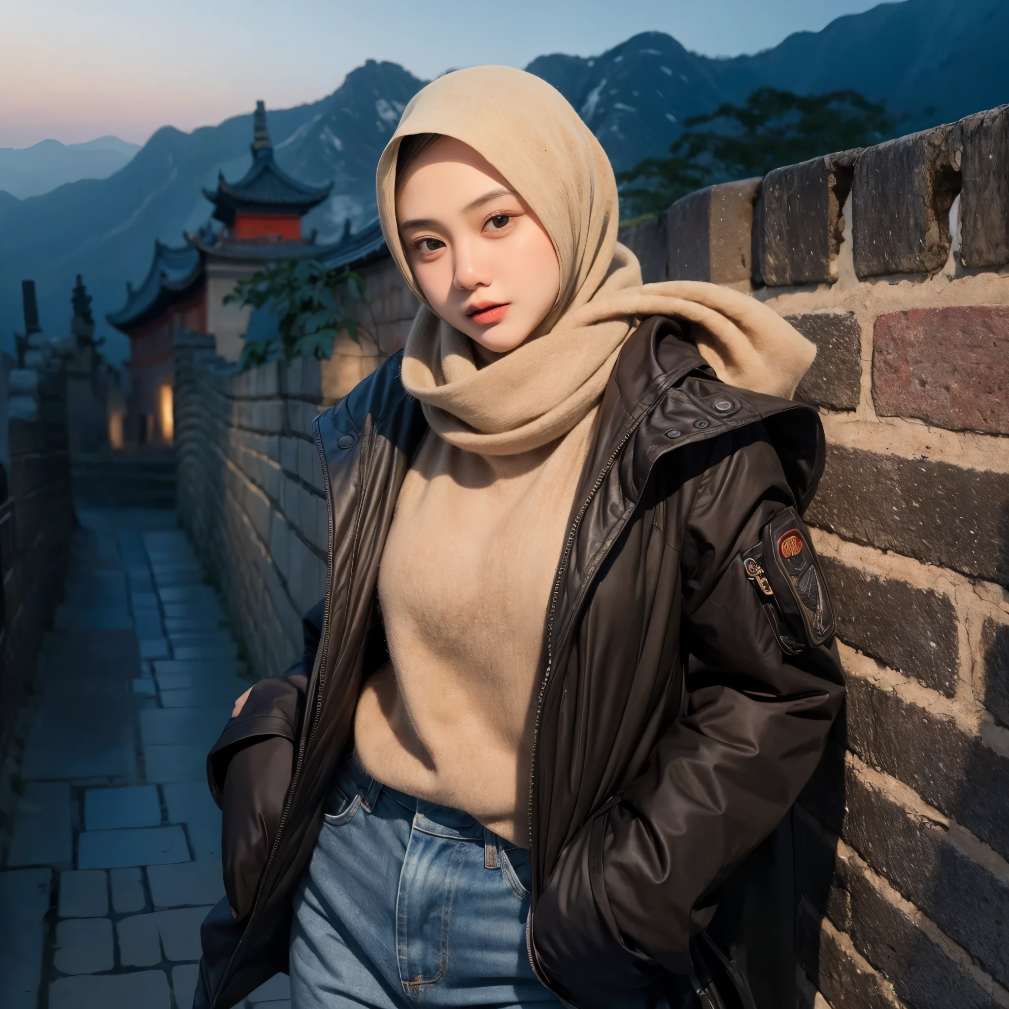 an Indonesian Javanese woman (25 years old, oval and clean face, hijab, thin body, Indonesian-style skin, wearing a thick winter jacket, jeans) standing posing like a model on the Great Wall of China, photo slightly tilted to the side, visible face, atmosphere night, minimal lighting, sunset light. ultra HD, real photo, very detailed, very sharp, 18mm lens, realistic, photography, leica camera