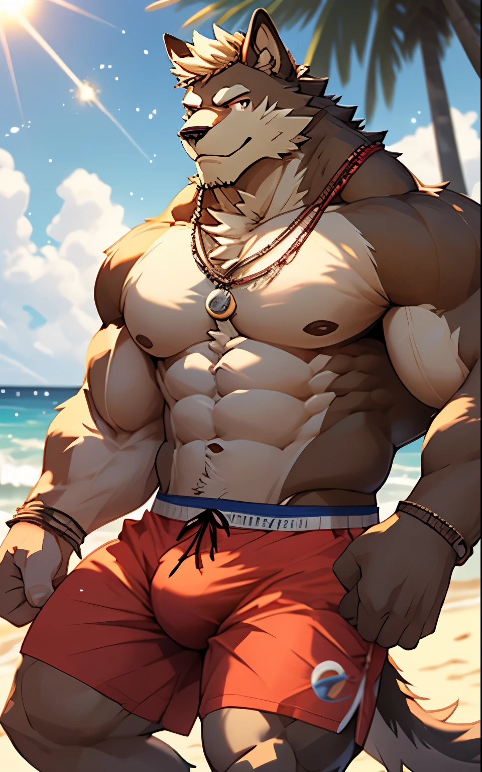 solo, male, Pubrasser, tail,muscles, handsome, hawaiian shirt, shorts, bulge, big abs, cloudy, beach, depth of field, perfect lighting, (light particles),(best quality),(masterpiece),(ultra detailed),sharp focus, light particles, strong, warmness, smile, rippled muscles, ultradetailed face, ultradetailed eyes, looking at viewer, good looking, bareness, ((detailed face)), big pecs, fur,