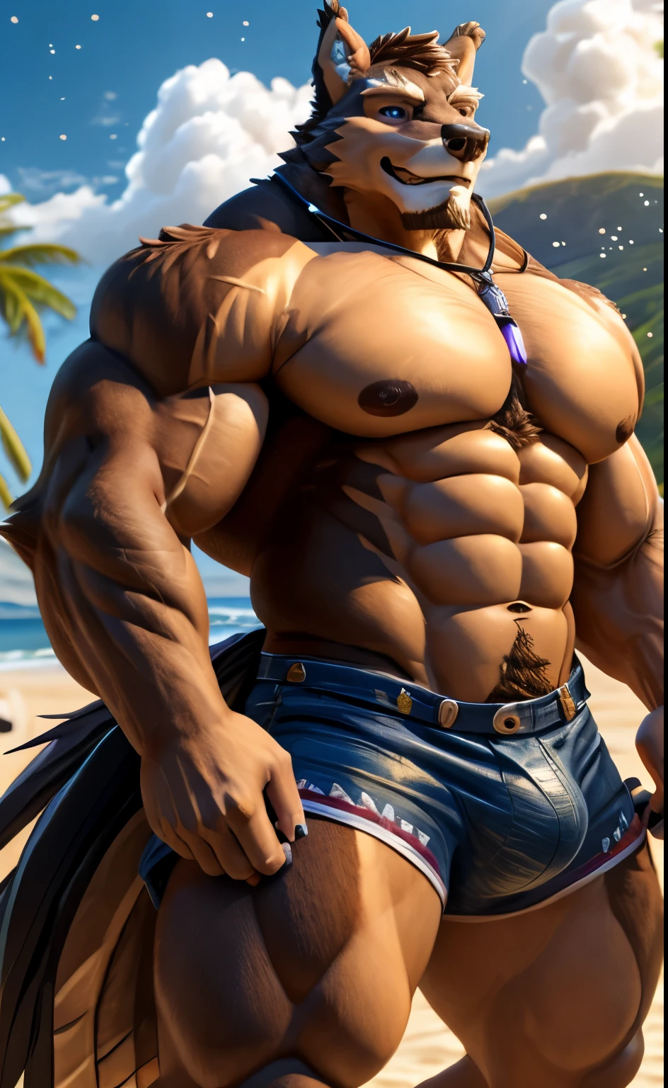 solo, male, Pubrasser, german sherperd, tail,muscles, handsome, hawaiian shirt, shorts, bulge, big abs, cloudy, beach, depth of field, perfect lighting, (light particles),(best quality),(masterpiece),(ultra detailed),sharp focus, light particles, strong, warmness, smile, rippled muscles, ultradetailed face, ultradetailed eyes, looking at viewer, good looking, bareness, ((detailed face)), big pecs, 