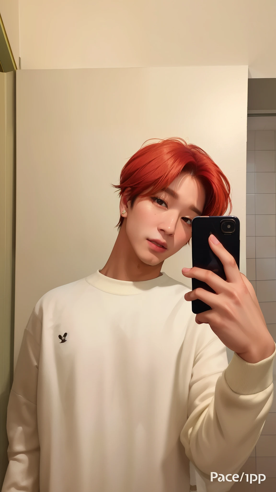 there is a man com cabelo ruivo taking a selfie in the bathroom, taejune kim, com cabelo ruivo cacheado, Kim Doyoung, com cabelo curto, com cabelo ruivo, com o mesmo penteado, cabelos tingidos de vermelho, hyung tae, park Jimin, Hong junho hyung, accurate Jimin face, Jimin\the right eyelid is swollen, pintar ulzzang, Jimin