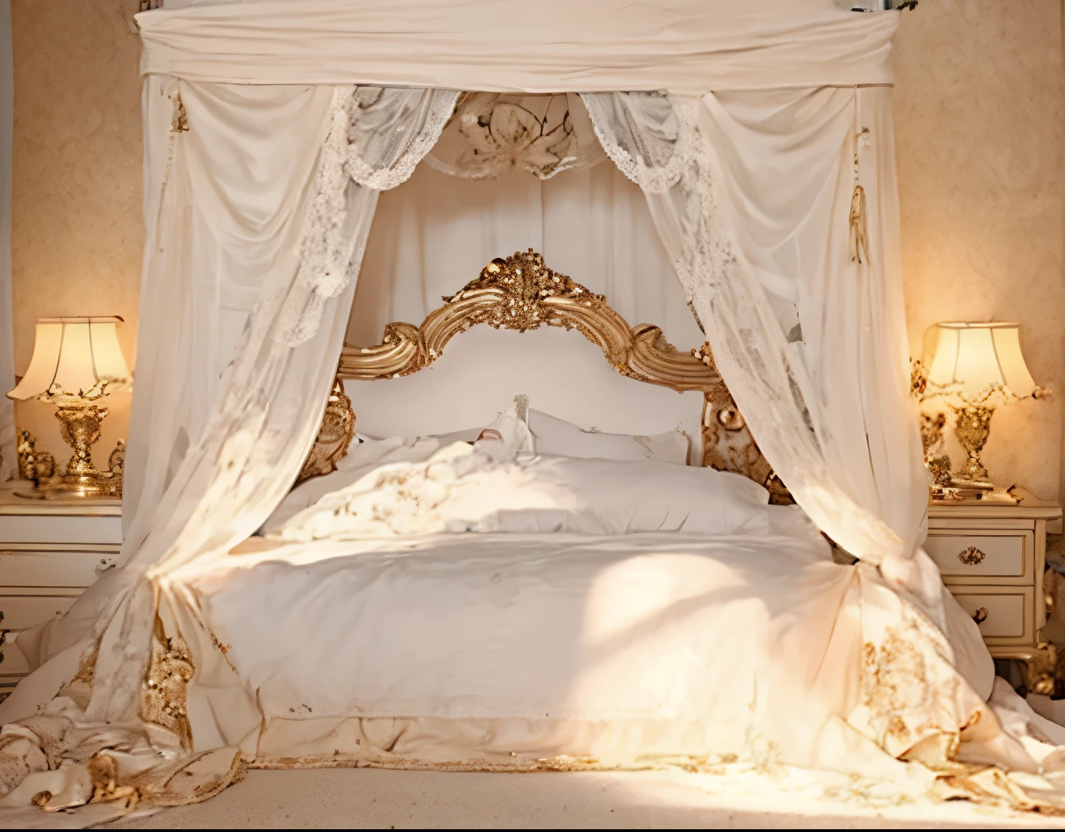 ,highest quality, masterpiece, highest resolution, artwork, super それにget used to it, many get used to it, get used to it, それにget used to it, 3K realistic photos,,Pillow with large frills and ribbons,Detailed pillow,白い贅沢なcanopy bed,canopy bed,Luxury rococo style curtains on both sides of the bed,many white frilly pillows on the bed,super detailed background,Detailed bed,soft white futon,フリルとリボンが沢山付いた薔薇柄のDetailed bedカバー,romantic atmosphere,Palace bedroom,