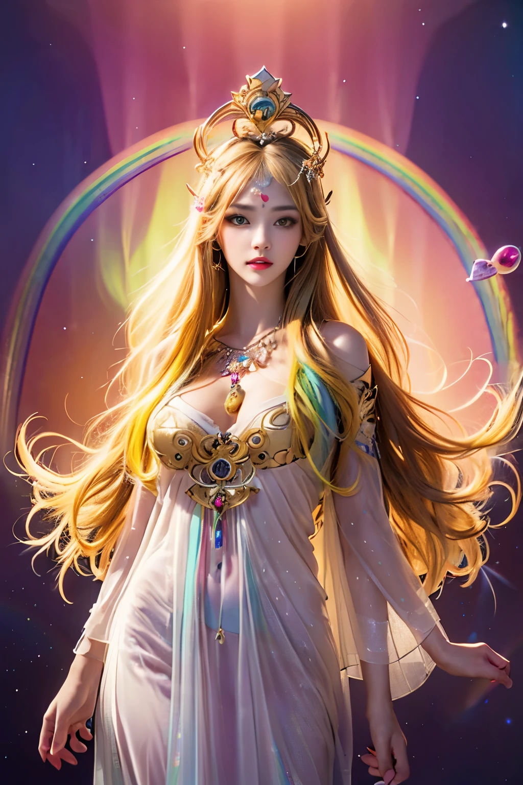 Iris, the Greek goddess, European woman, 35-years-old, presents a slender and ethereal body, wrapped in a luminous robe that reflects the colors of the rainbow. Her delicate-featured face radiates grace and serenity with her large, heavenly-colored eyes and her gentle smile. On her wavy hair, dewdrops shine, forming a glowing halo around her. She wears multicolored wings on her back, which flash with her every movement. She finds herself in a lush flower garden, with a rainbow rising majestically in the sky, giving off an aura of magic and hope.