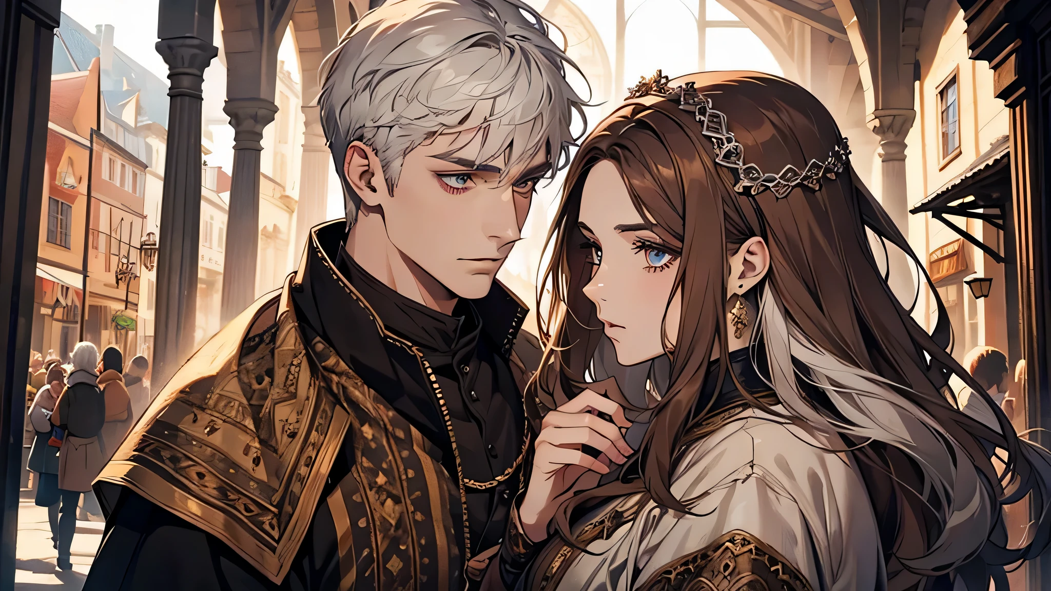 couple, 1 brown hair woman, 1 white hair man, beautiful face, detailed face, detailed eyes, detailed nose, in a town, medieval times