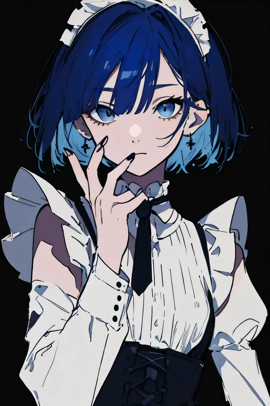 masterpiece, best quality, 1 girl, alone, short_hair, watch_exist_audience, Bangs, simple_background, long_sleeve, skirt, hair_between_Eye, jewelry, closure_Mouth, monochrome, Superior_Body, blue_hair, decorate, fluffy_sleeve, fingernail, maid, maid_headskirt, ring, Black_nail,