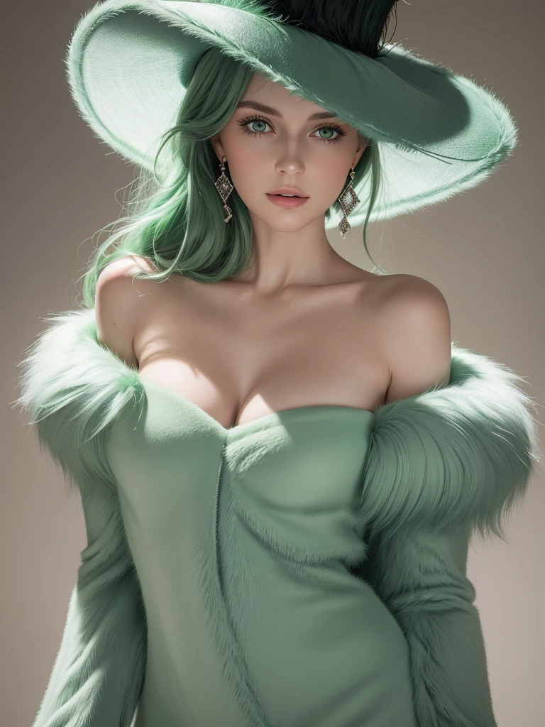 (masterpiece, highest quality, photo realistic, High resolution, photograph, :1.3), close up shot, sharp focus, (1 girl, european girl, Featured models), realistic skin, (slim body shape), Platinum-colored side sweep shorthair, highly detailed hair, delicate face, glossy lips, a close up of a woman wearing a Light Green hat and earrings, sleek dark fur, Light Green Fur, Russian style, very beautiful fur, fine fur, Dasha Taran, dark fur, Fur details, top hat, Anastasia Ovchinnikova, Light Green hat, synthetic fur, Elena Belova, wearing a top hat, Julia Gorokhova,Beautiful maturation,