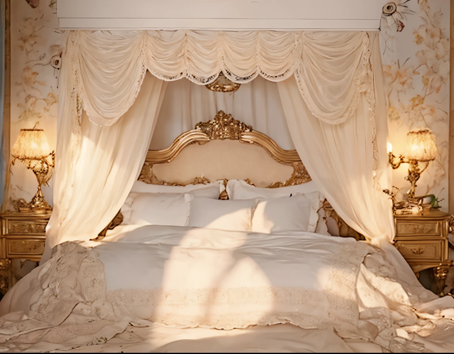 ,highest quality, masterpiece, highest resolution, artwork, super それにget used to it, many get used to it, get used to it, それにget used to it, 3K realistic photos,,Pillow with large frills and ribbons,Detailed pillow,白い贅沢なcanopy bed,canopy bed,Luxury rococo style curtains on both sides of the bed,many white frilly pillows on the bed,super detailed background,Detailed bed,soft white futon,フリルとリボンが沢山付いた薔薇柄のDetailed bedカバー,romantic atmosphere,Palace bedroom,